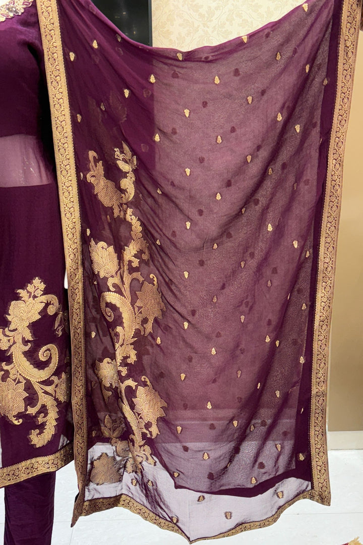 Purple Banaras, Stone, Zardozi, SEquins, Beads and Zari work Straight Cut Salwar Suit