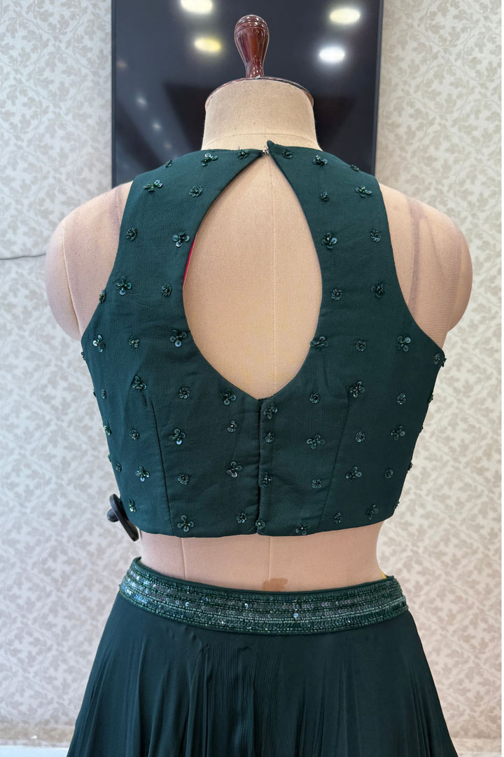 Bottle Green Beads and Sequins work Crop Top Lehenga