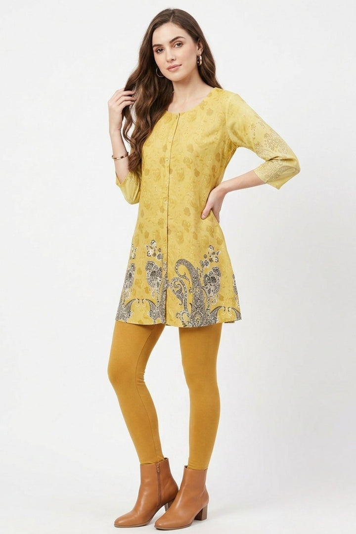 Lemon Yellow Digital Print Short Kurti