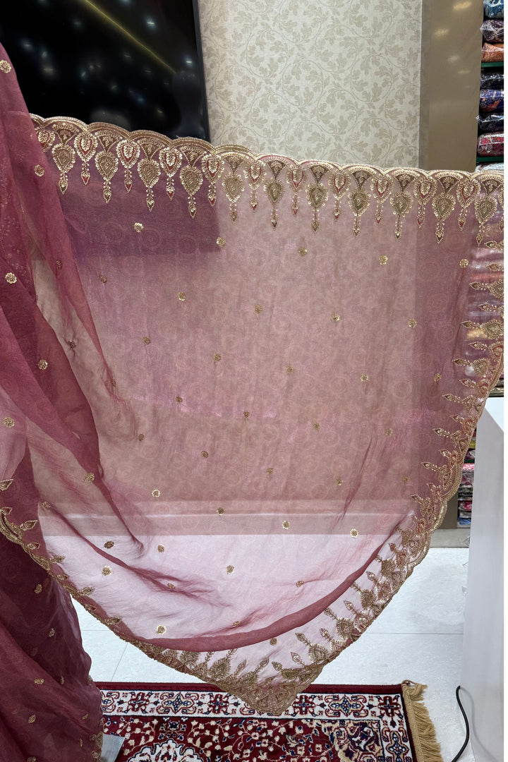 Onion Pink Pearls, Beads and Multicolor Thread work with Self Print Saree