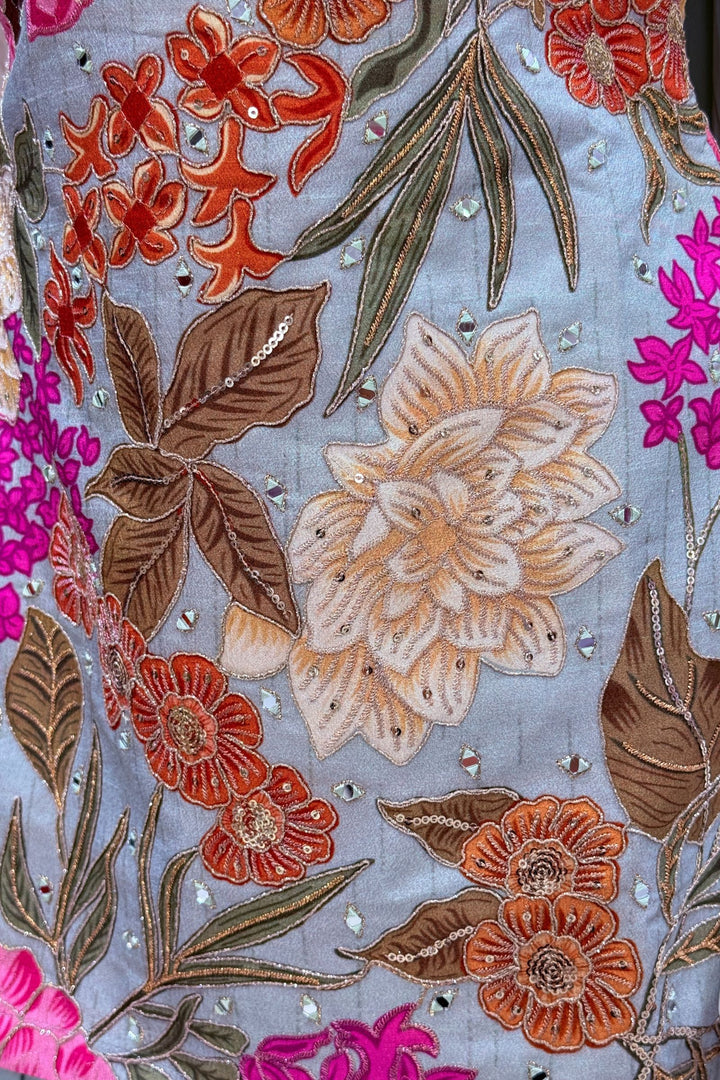 Aqua Blue Mirror, Sequins, Zari and Beads work with Floral Print Palazzo Salwar Suit