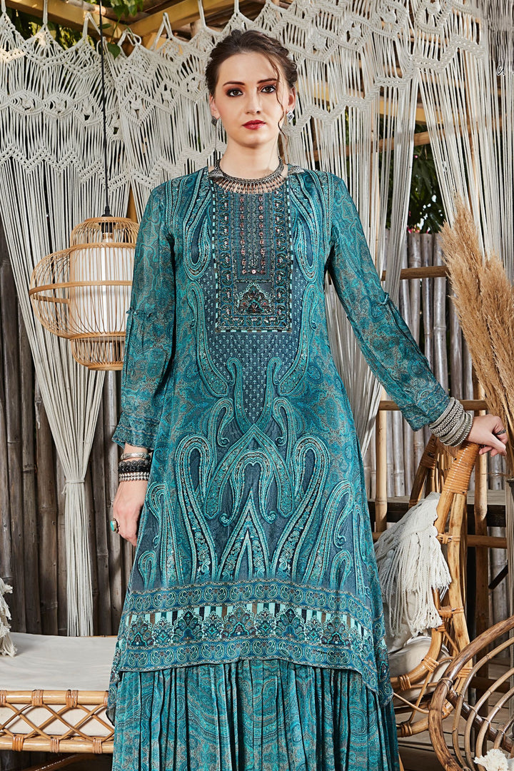 Peacock Blue Beads work with Digital Print Anarkali Styled Long Kurti