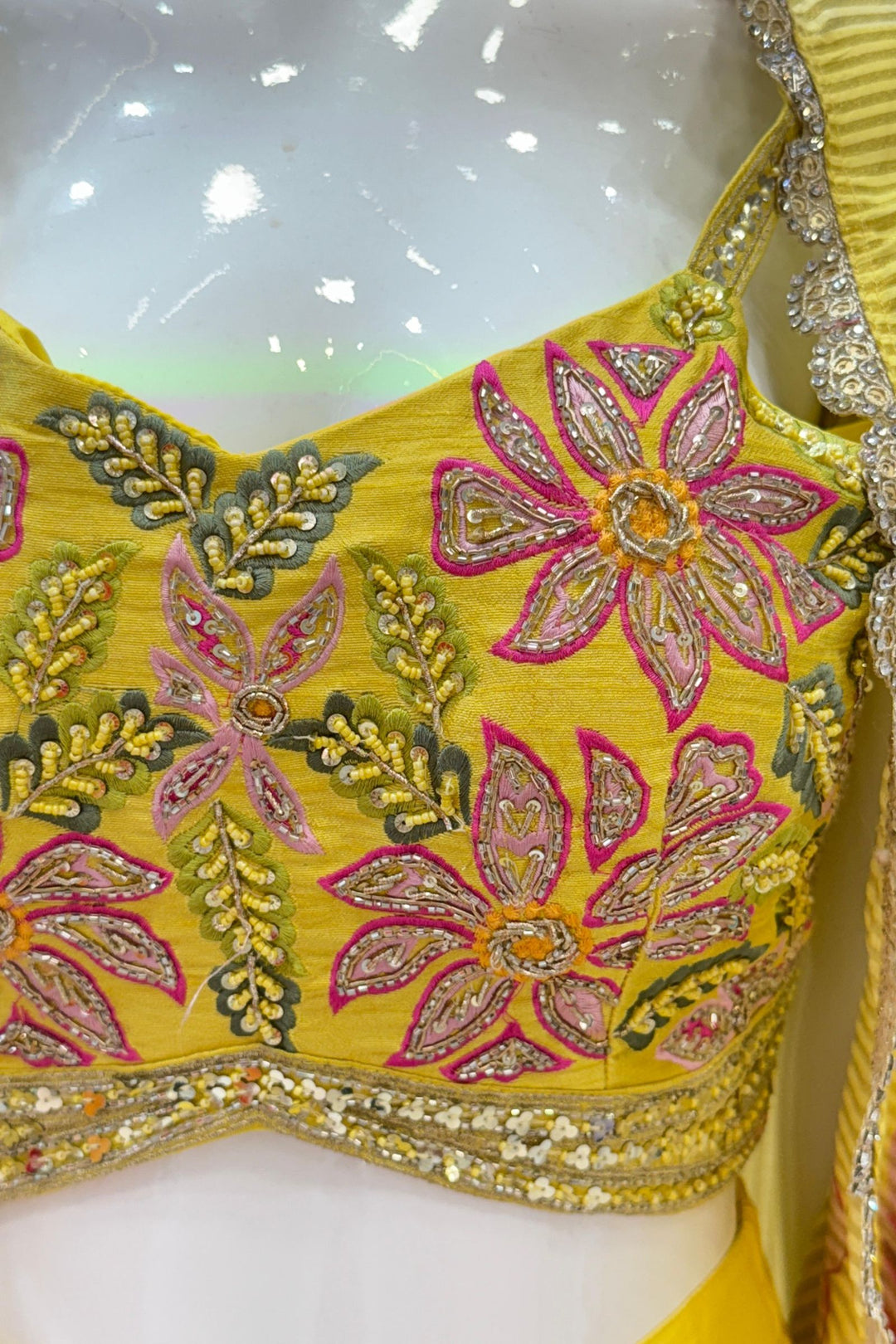 Lemon Yellow Multicolor Embroidery work with Digital Print Cape, Crop Top and Cowl Skirt