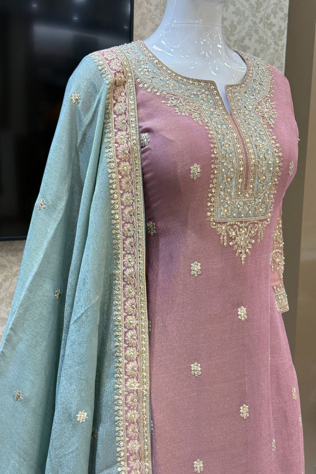 Onion Pink with Sea Green Sequins, Pearls, Stone and Zari work Palazzo Salwar Suit