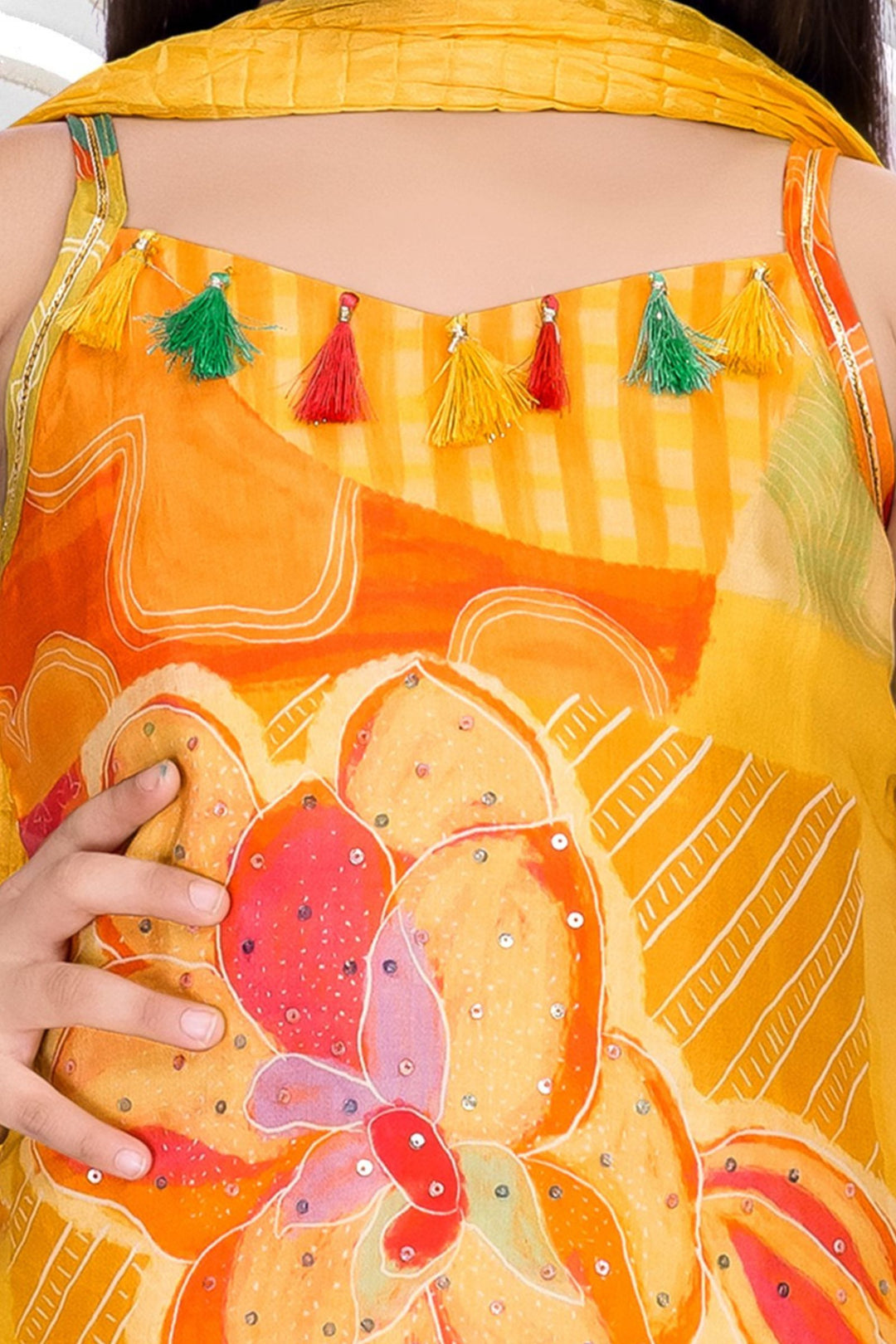 Yellow Sequins work with Multicolor Digital Print Palazzo Set For Girls