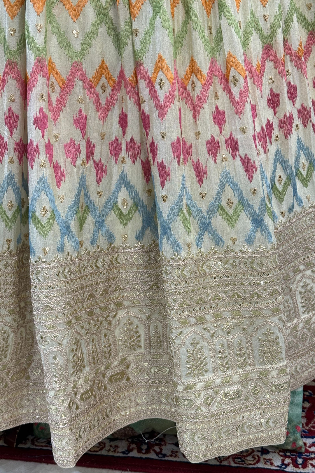 Cream Multicolor Embroidery, Sequins, Zari, Beads and Zardozi work Crop Top Lehenga