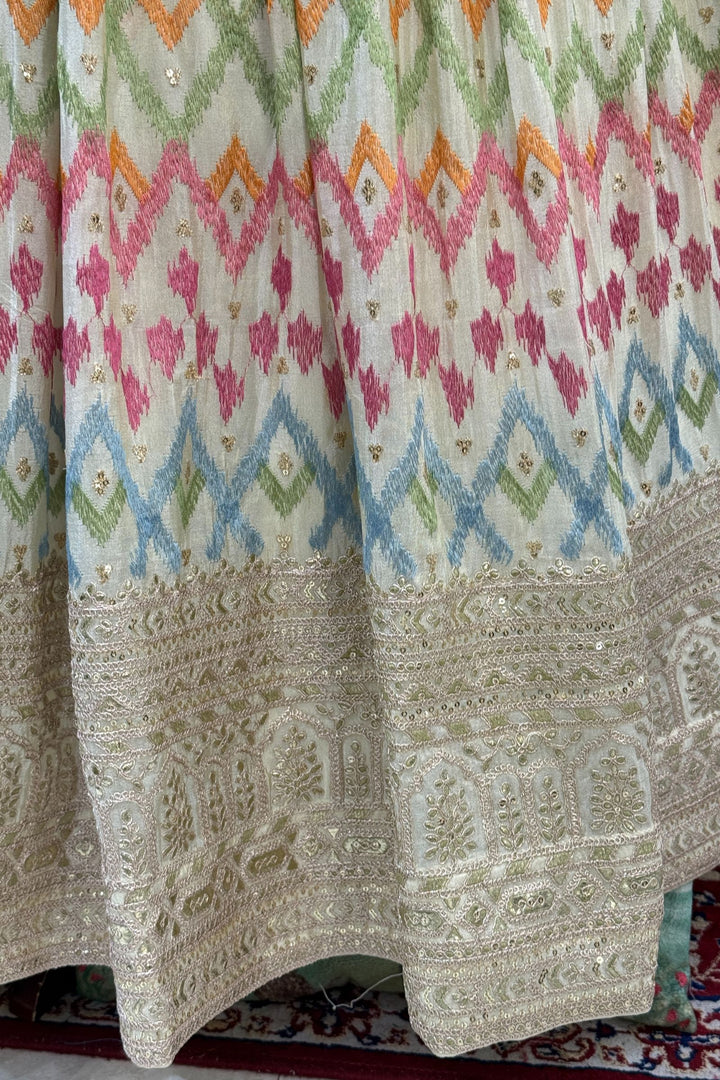 Cream Multicolor Embroidery, Sequins, Zari, Beads and Zardozi work Crop Top Lehenga