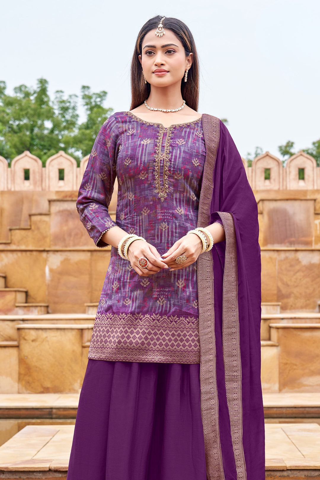 Purple Mirror, Zari, Beads, Stone and Banaras work with Digital Print Palazzo Salwar Suit