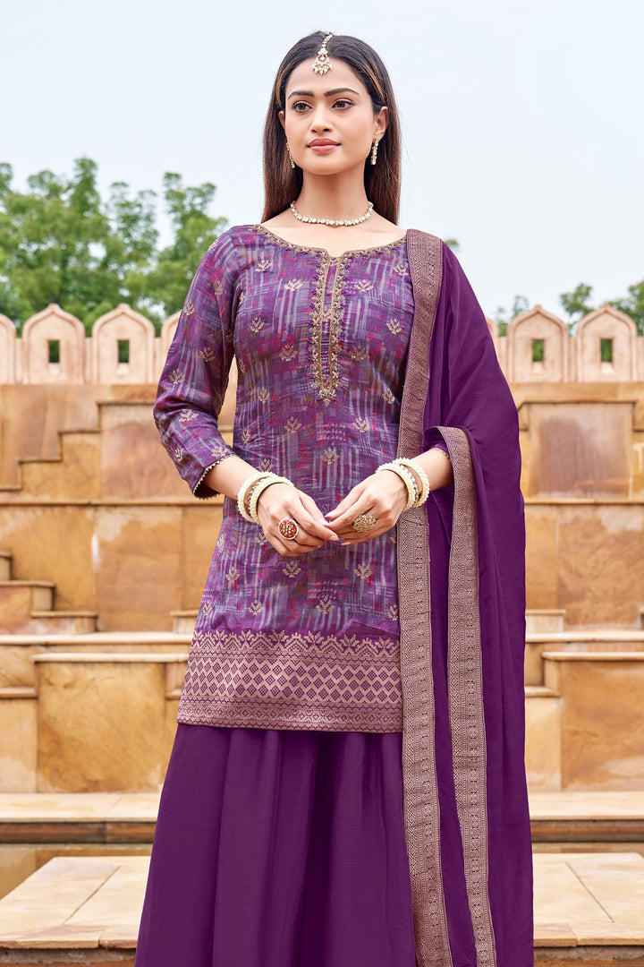 Purple Mirror, Zari, Beads, Stone and Banaras work with Digital Print Palazzo Salwar Suit