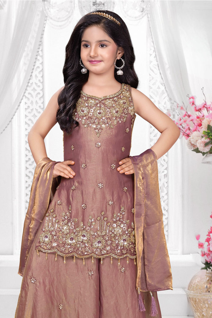 Copper Zari, Beads and Sequins work Palazzo Suit Set for Girls