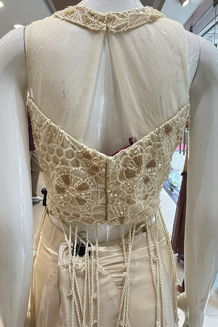 Cream Indo-Western Styled Beads, Sequins and Thread work Top and Cowl Skirt