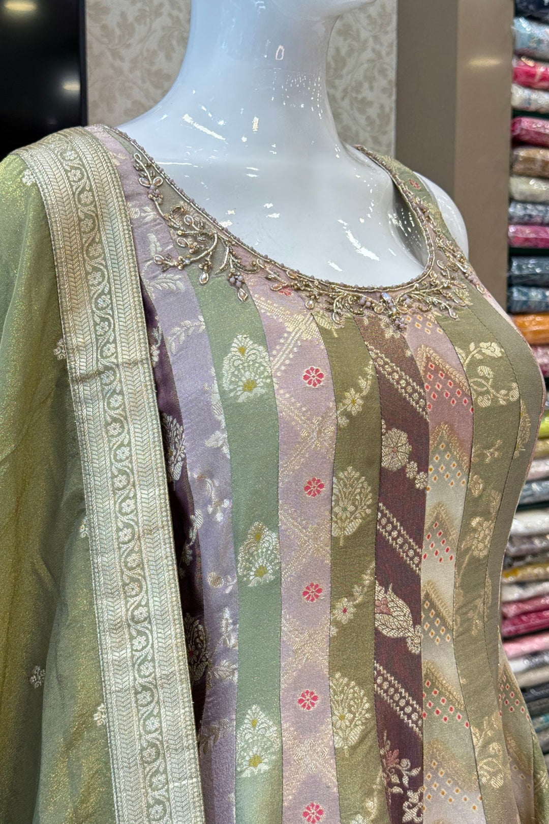 Multicolour Banarasi Anarkali Palazzo Set with Zari Dupatta