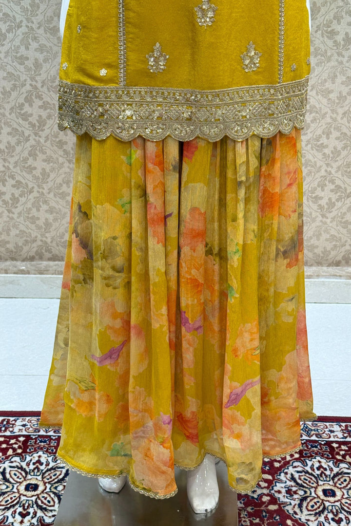Yellow Zari and Sequins work with Digital Print Palazzo Salwar Suit