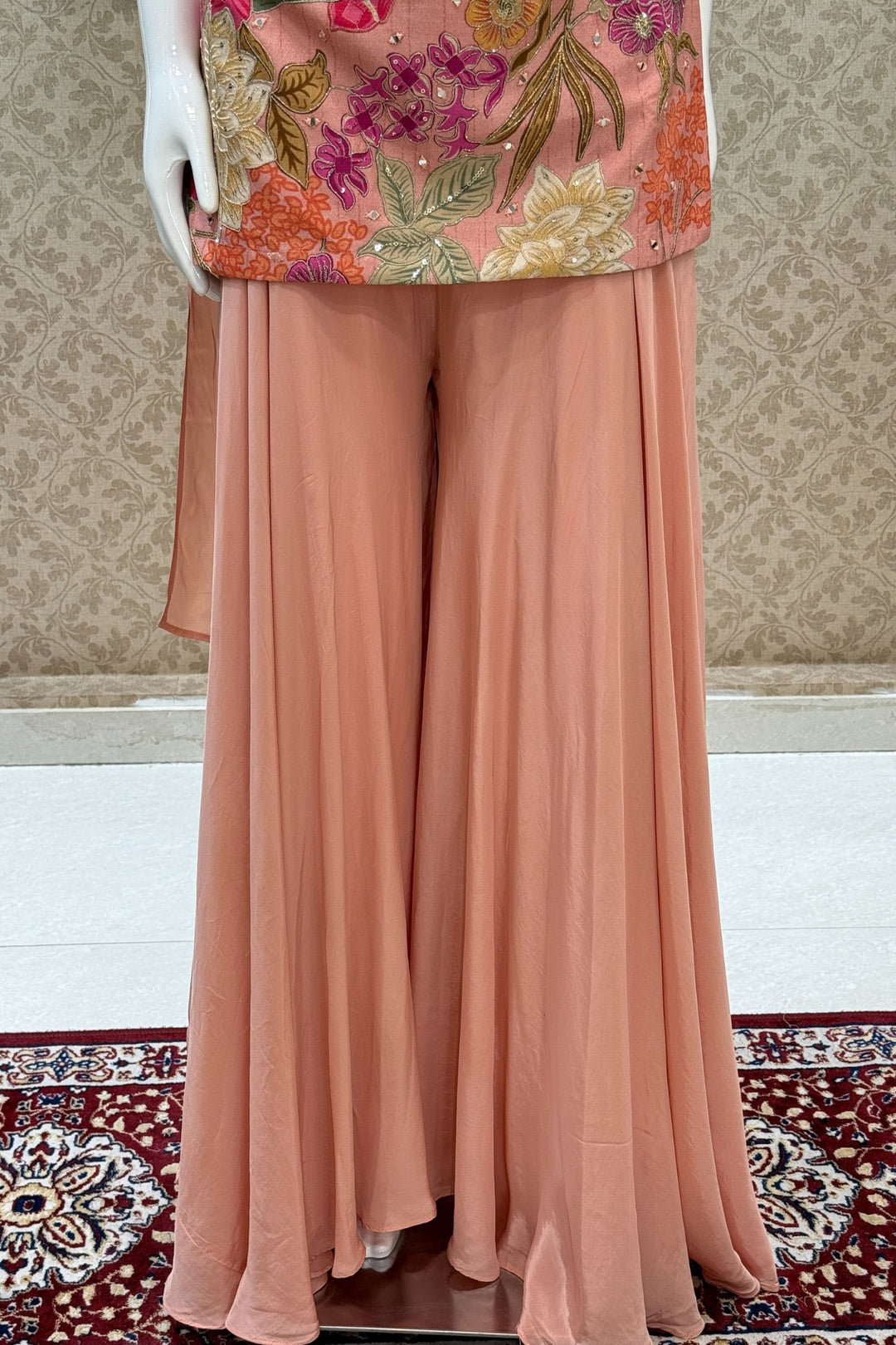 Peach Mirror, Sequins, Zari and Beads work with Floral Print Palazzo Salwar Suit