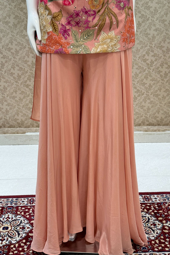 Peach Mirror, Sequins, Zari and Beads work with Floral Print Palazzo Salwar Suit