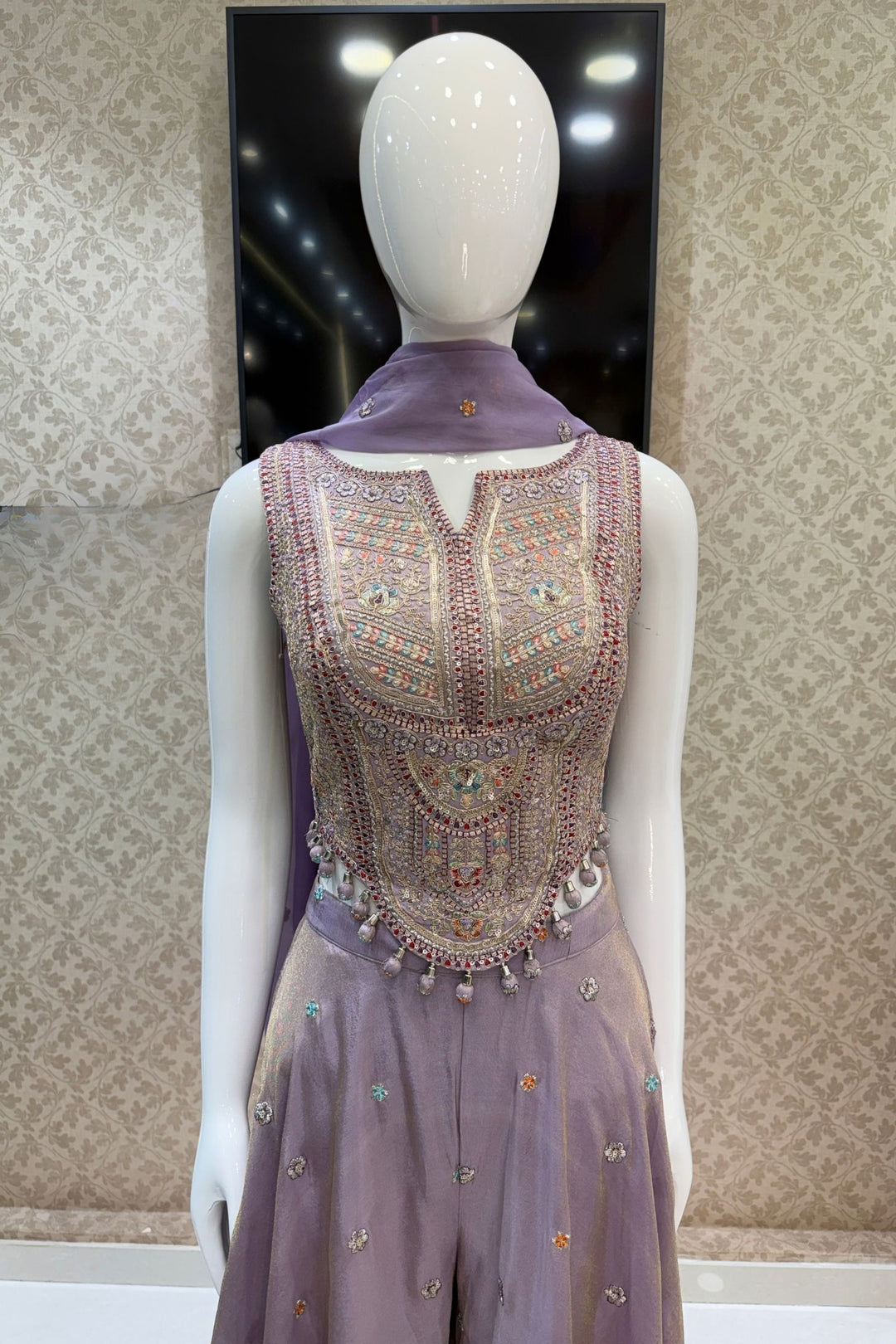 Lavender Zari, Sequins and Multicolor Thread work Palazzo Suit Set