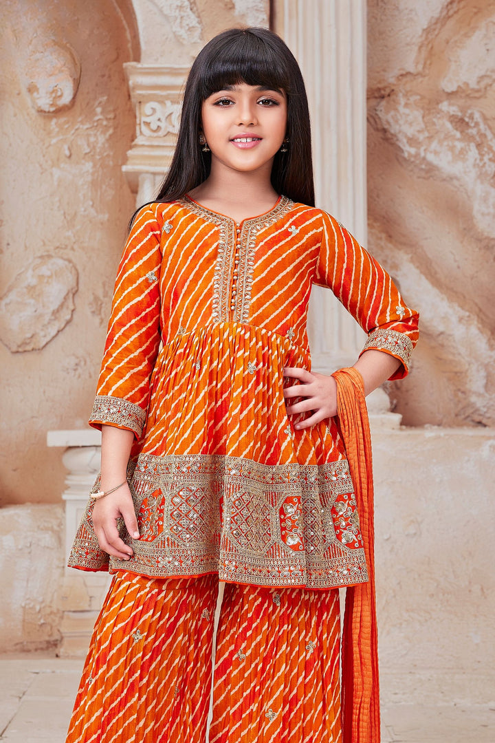 Orange Sequins, Zari and Beads work Peplum Top and Sharara Set for Girls