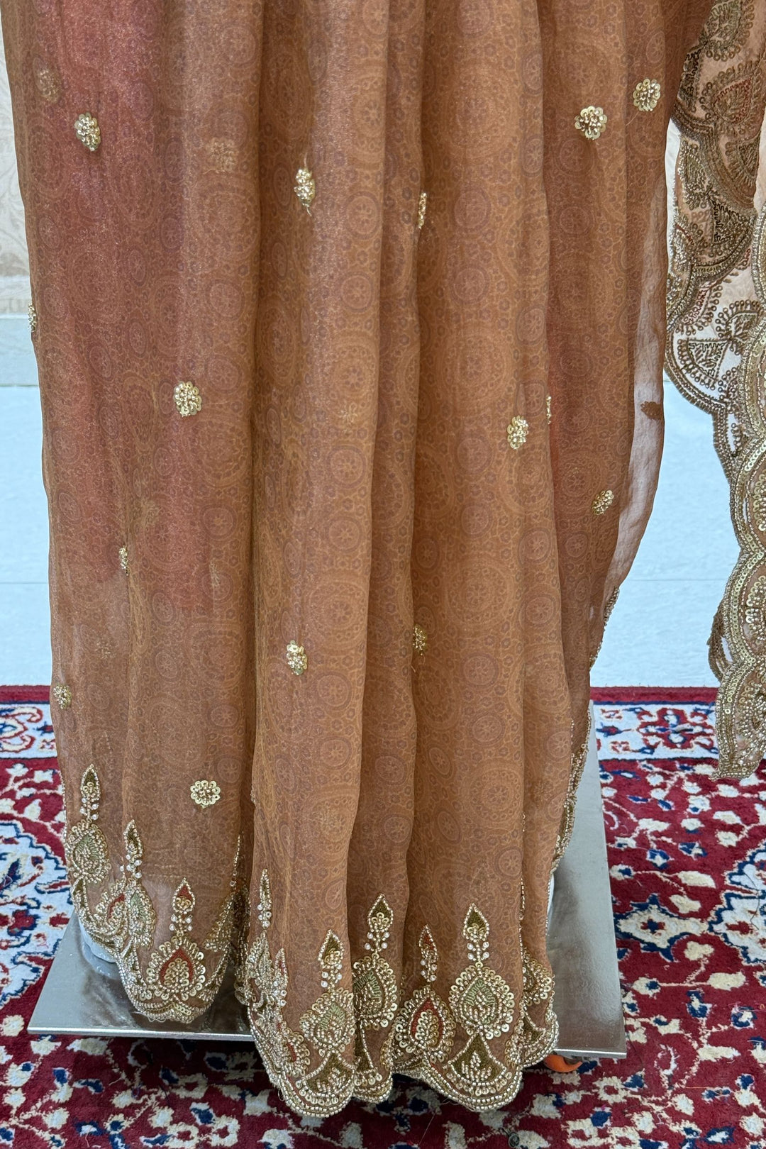 Mustard Pearls, Beads and Multicolor Thread work with Self Print Saree