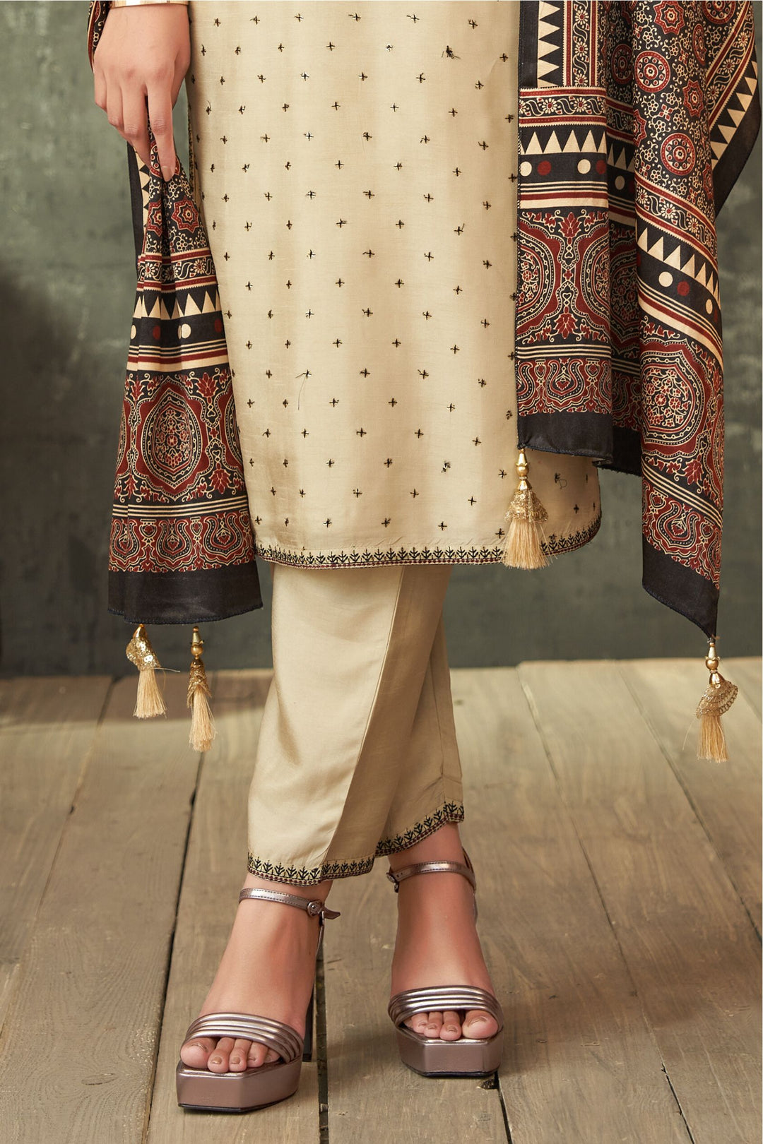 Beige Sequins and Thread work Straight Cut Salwar Suit with Kalamkari Print Dupatta