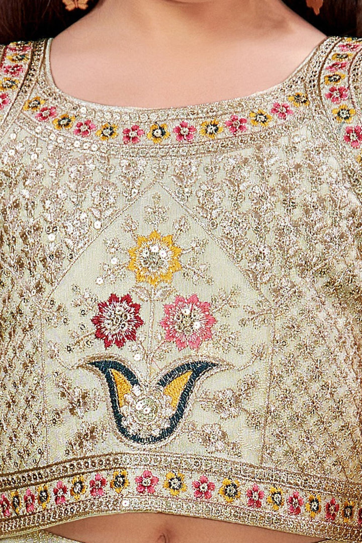 Beige Zari, Sequins and Multicolor Thread work Lehenga Choli for Girls