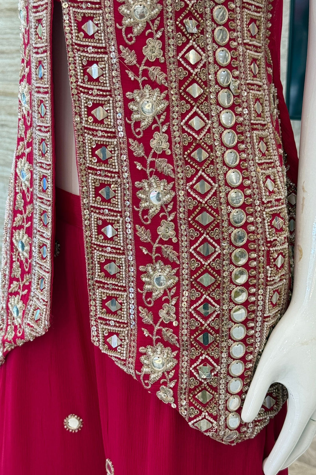 Rani Pink Mirror, Beads, Sequins and Zari work Palazzo Salwar Suit
