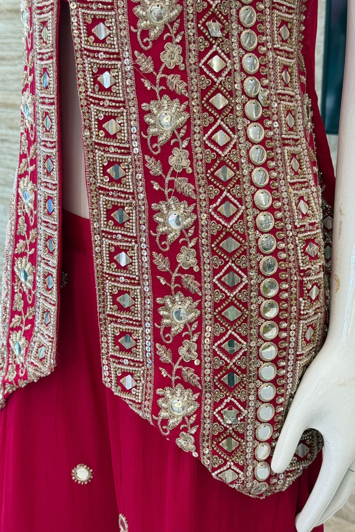 Rani Pink Mirror, Beads, Sequins and Zari work Palazzo Salwar Suit