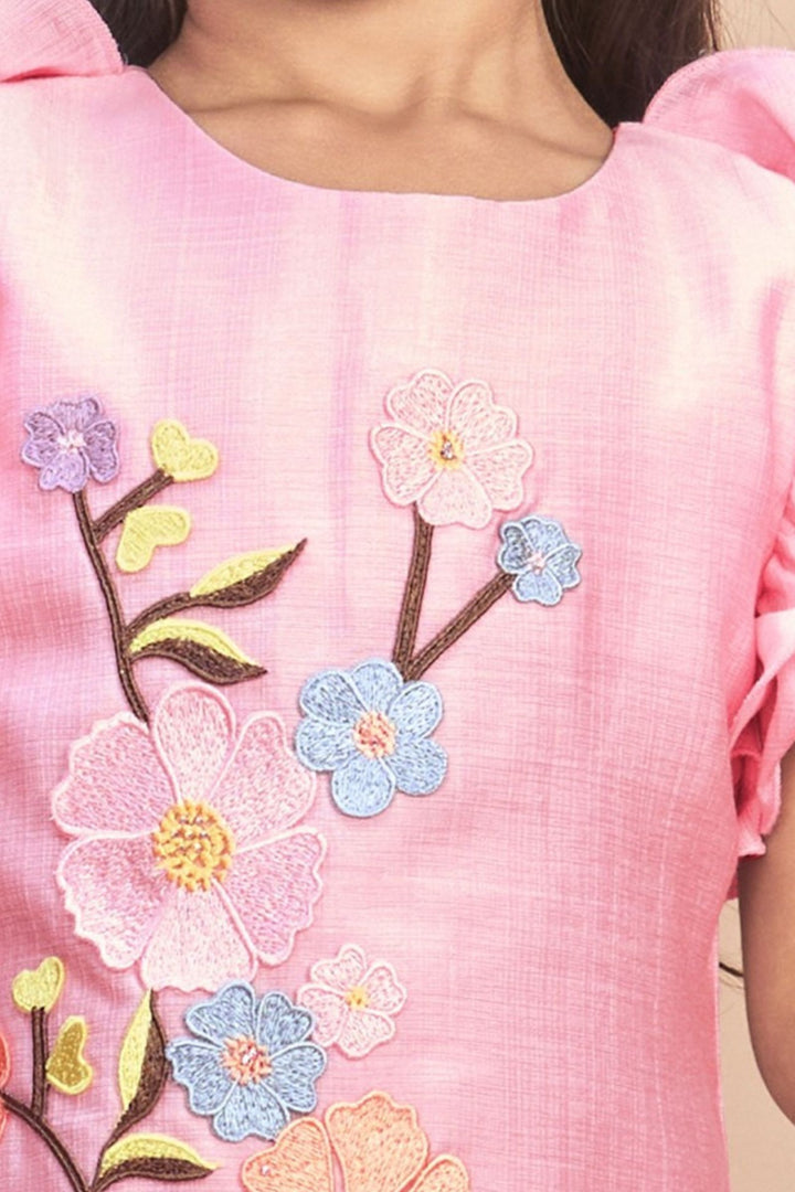 Baby Pink Thread work Short Frock for Girls