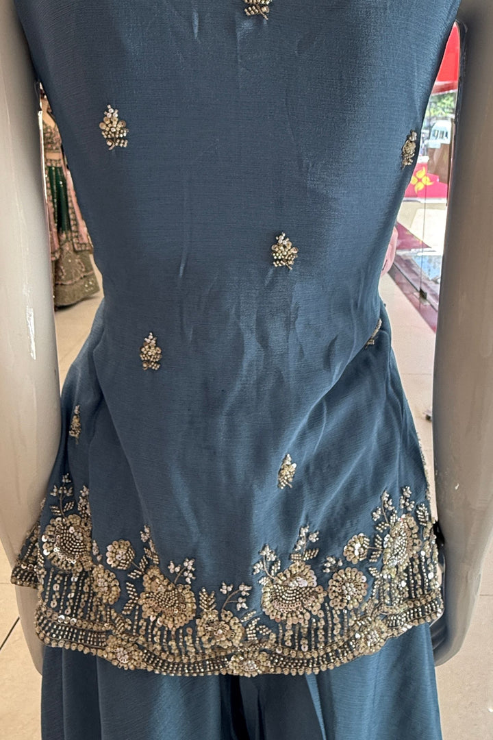 Sea Blue Beads, Zari and Sequins work Palazzo Salwar Suit
