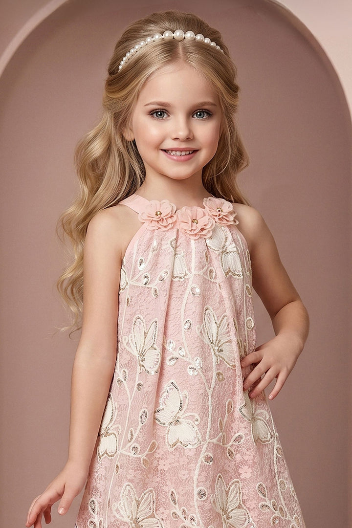 Baby Pink Embroidery and Sequins work Short Frock For Girls