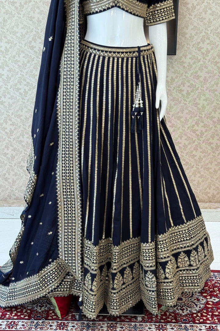 Navy Blue Sequins and Zari work Crop Top Lehenga