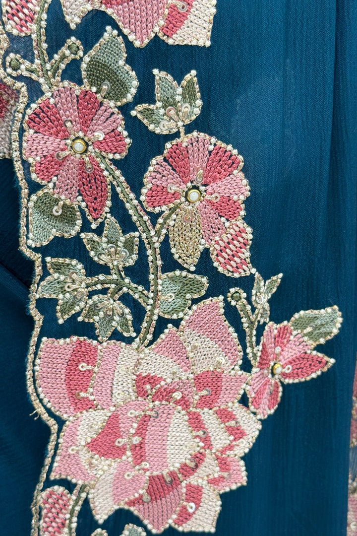 Peacock Green Embroidery, Sequins, Pearl and Zari work Saree