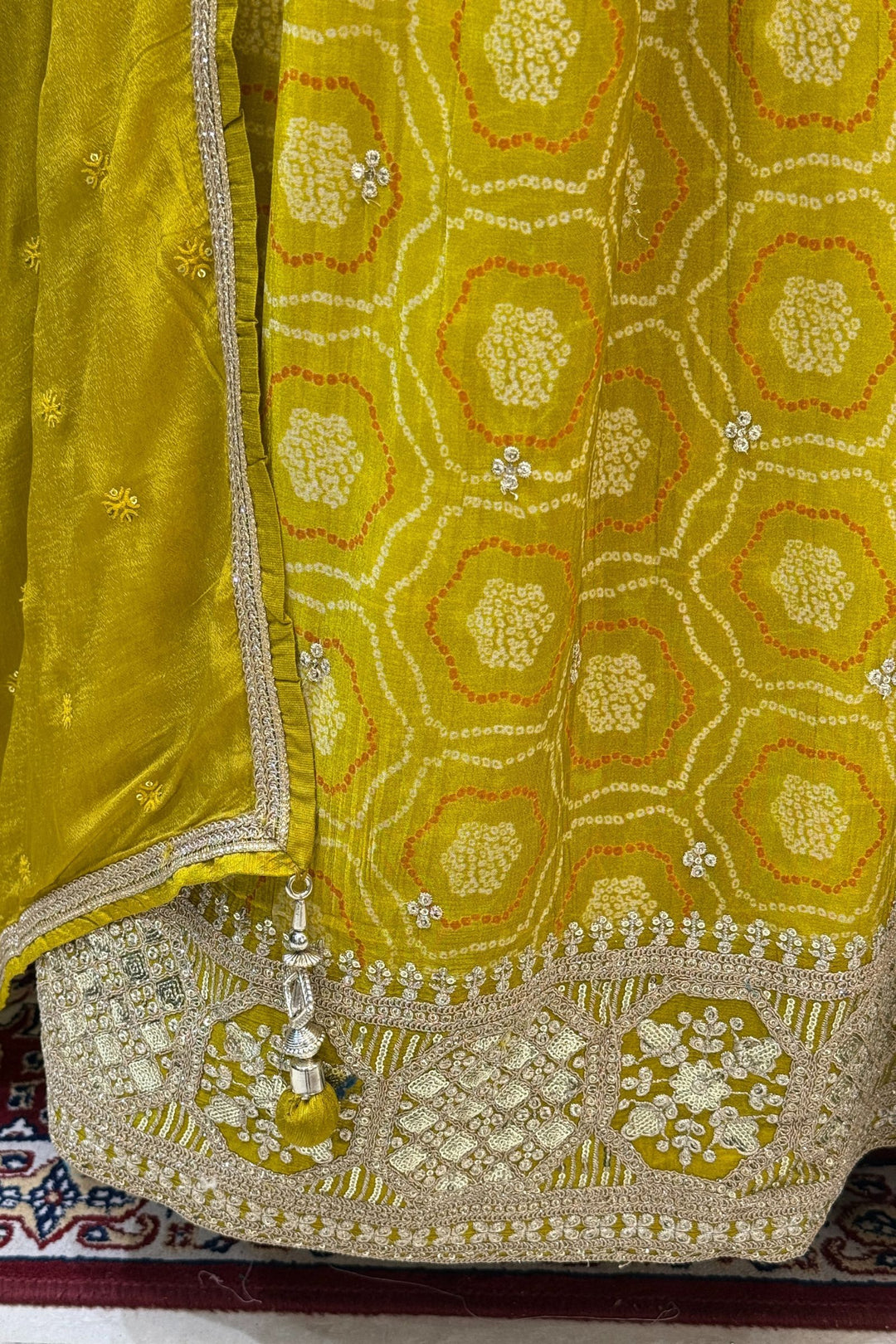 Liril Green Stone, Zardozi, Sequins and Mirror work with Bandini Print Crop Top Lehenga