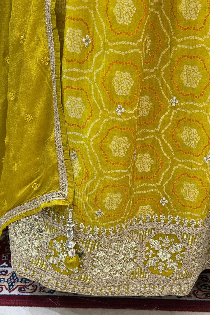 Liril Green Stone, Zardozi, Sequins and Mirror work with Bandini Print Crop Top Lehenga