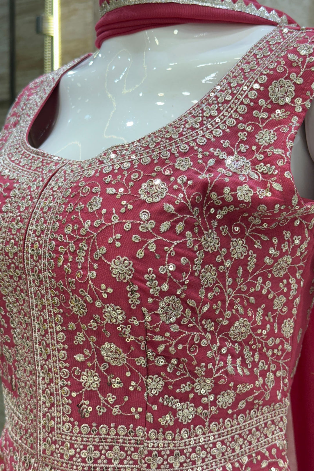 Dark Pink Silver Zari and Sequins work Peplum Top with Palazzo Suit Set