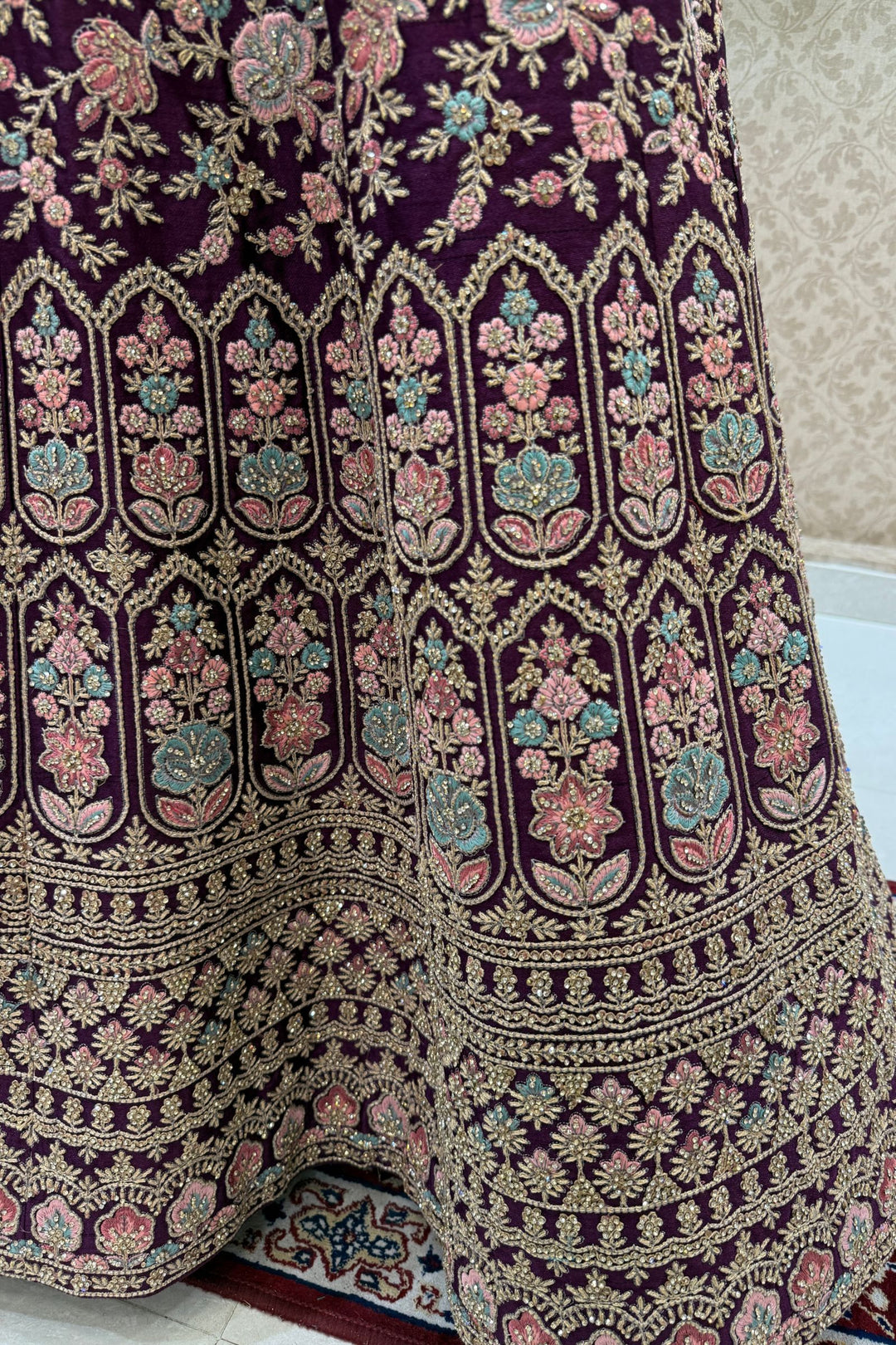 Designer Bridal Wine Lehenga with Rich Multicolor Embroidery, Stone and Beads Work