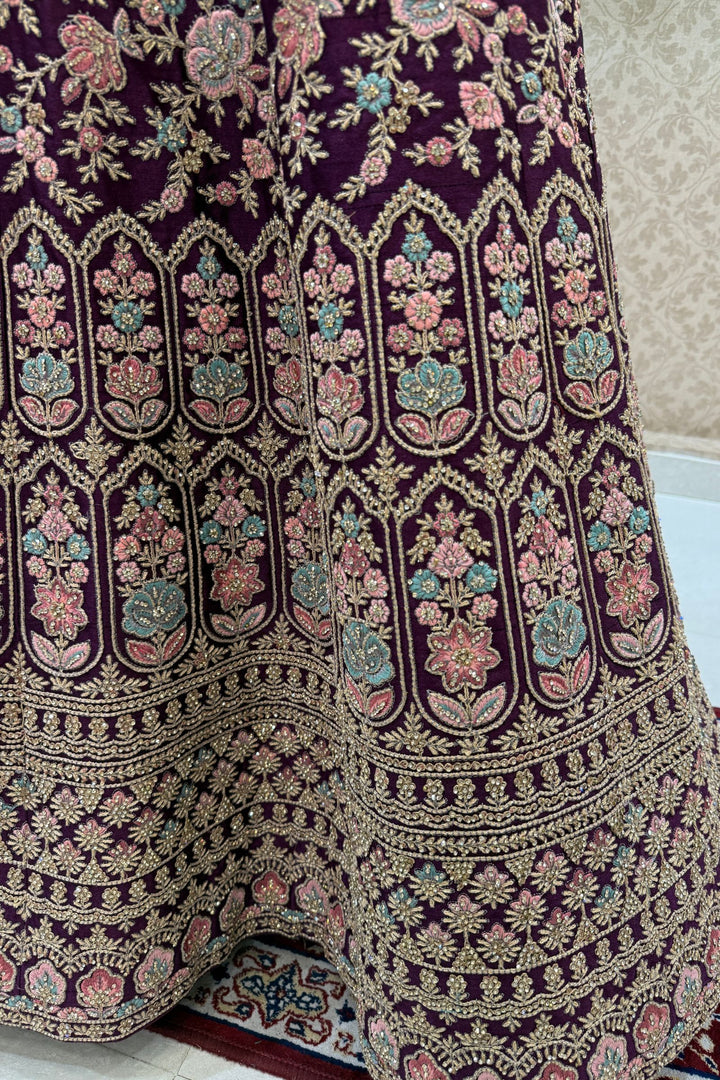 Designer Bridal Wine Lehenga with Rich Multicolor Embroidery, Stone and Beads Work