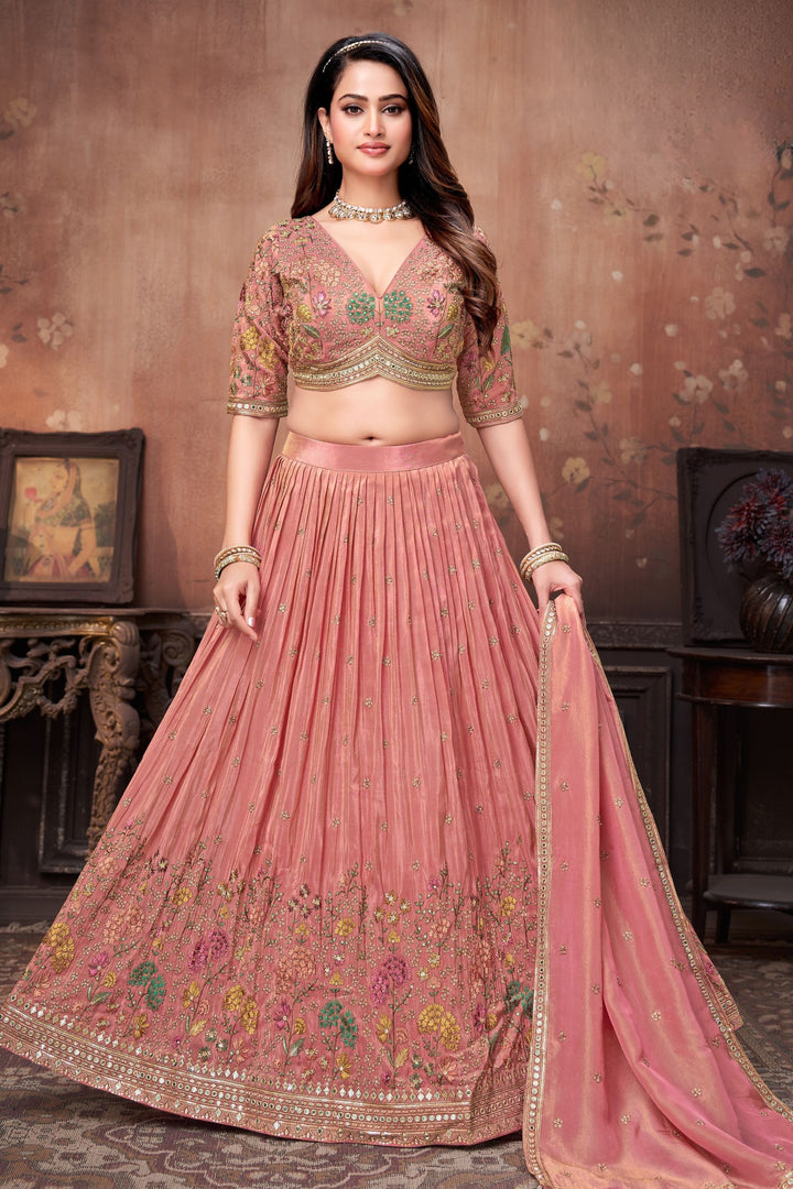 Onion Pink Sequins, Beads, Zardozi and Multicolor Embroidery work Crop Top Lehenga