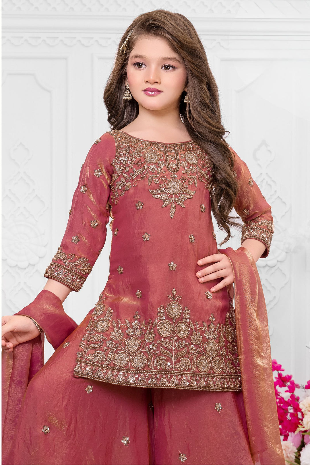 Peach Beads, Zari and Sequins work Palazzo Suit Set for Girls