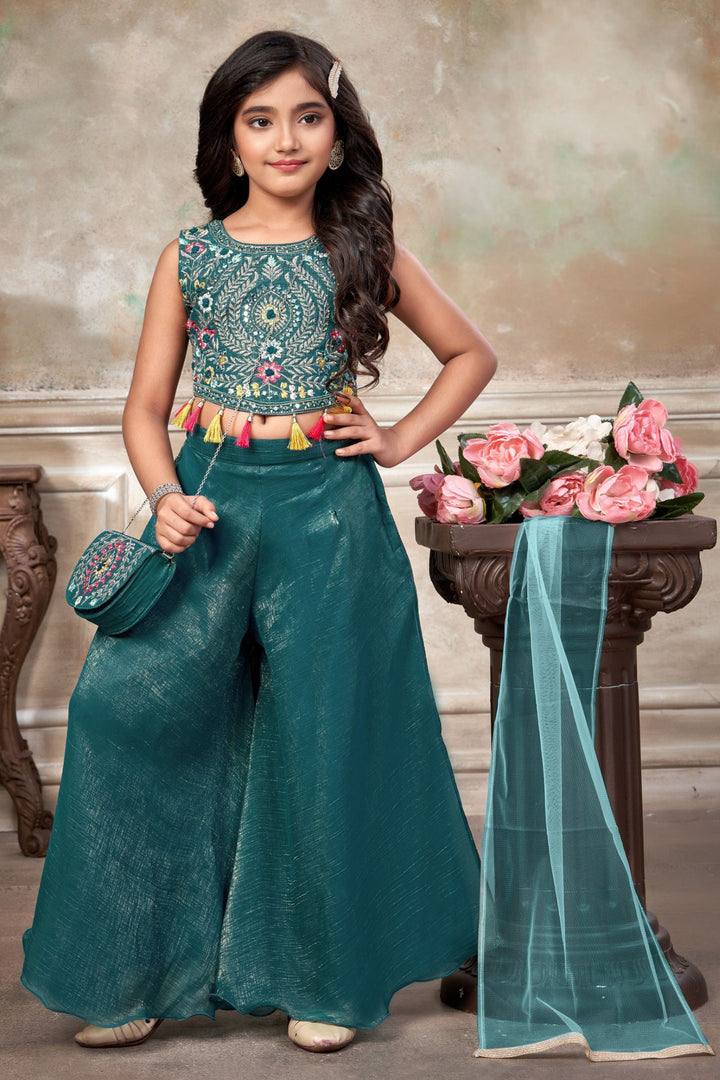 Rama Green Zari, Multicolor Embroidery and Beads work Choli and Palazzo Set for Girls