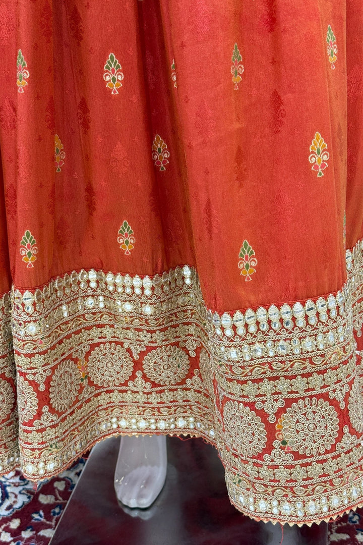 Orange Banaras, Sequins, Zari and Beads work Floor Length Anarkali Suit