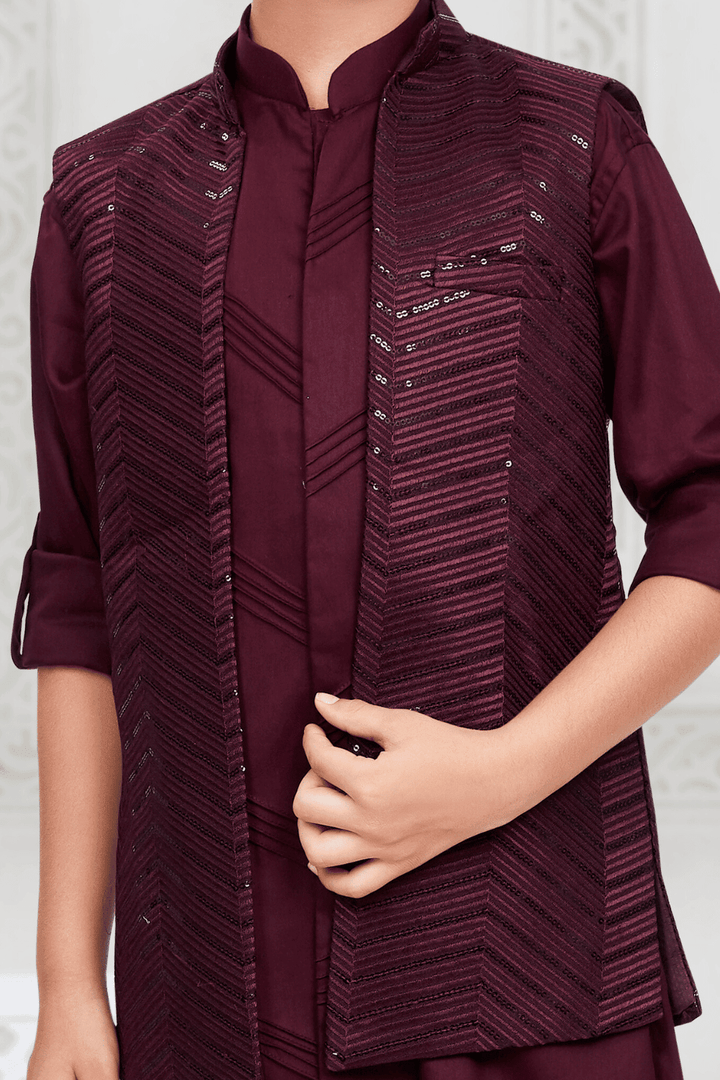 Wine Thread and Sequins work Waist Coat Kurta Set for Boys - Seasons Chennai