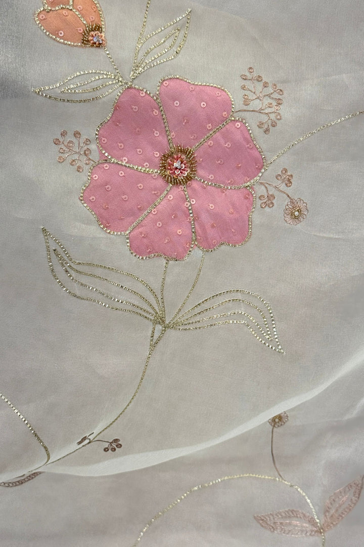 Elegant Cream Organza Saree with Pink Handcrafted Floral Applique
