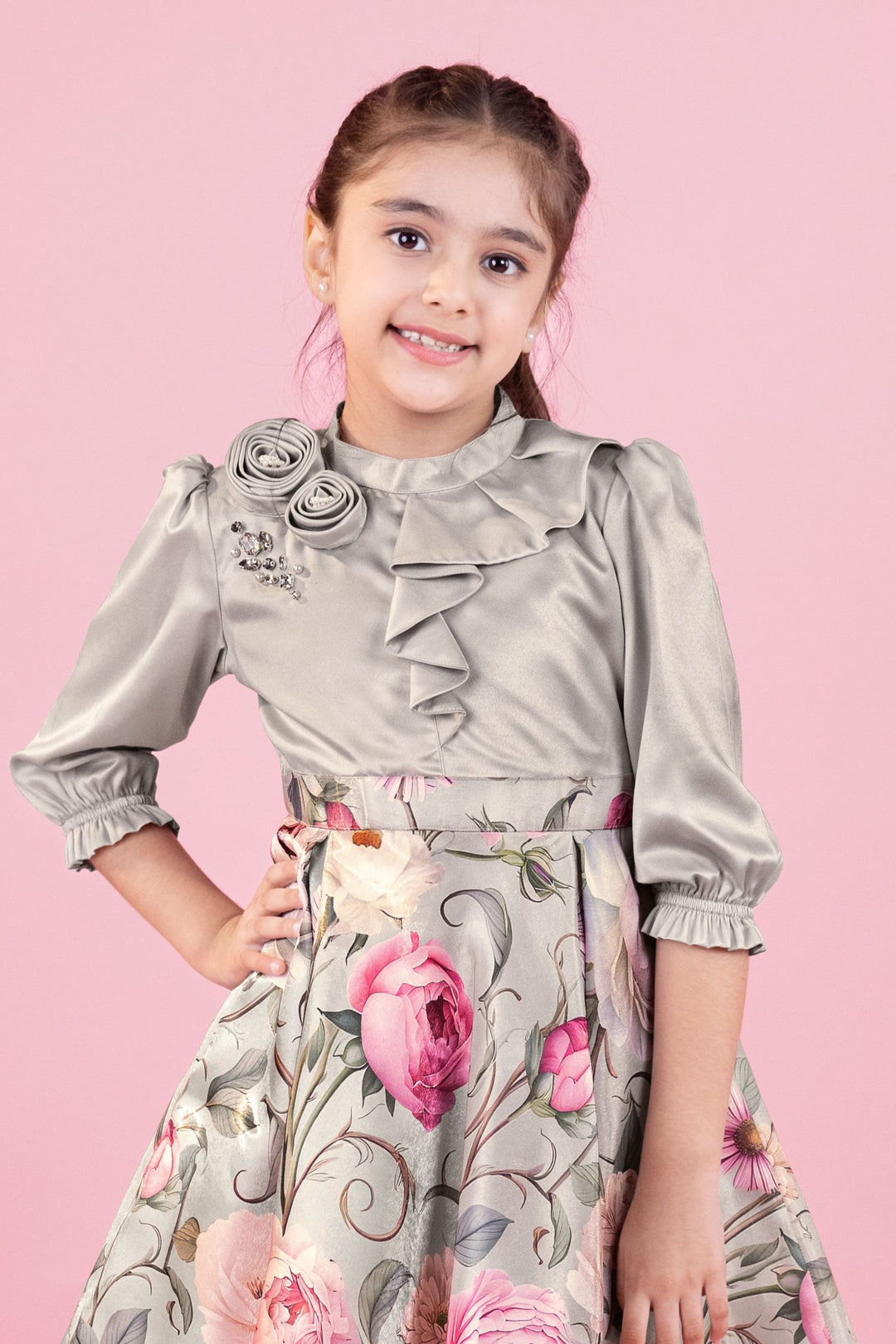 Light Beige Floral Print Short Casual Frock For Girls