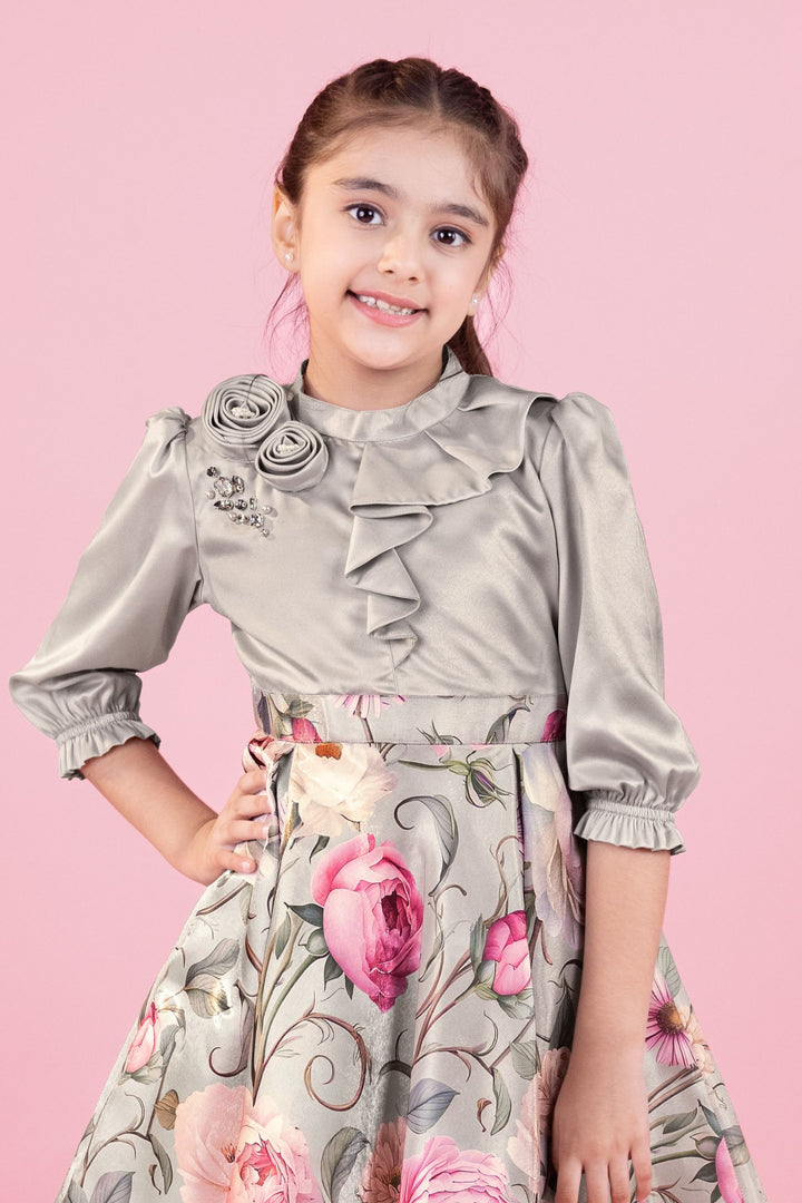 Light Beige Floral Print Short Casual Frock For Girls