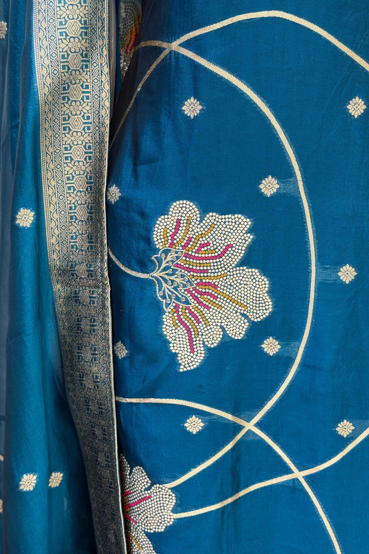 Peacock Blue Banaras, Beads and Sequins work Straight Cut Salwar Suit
