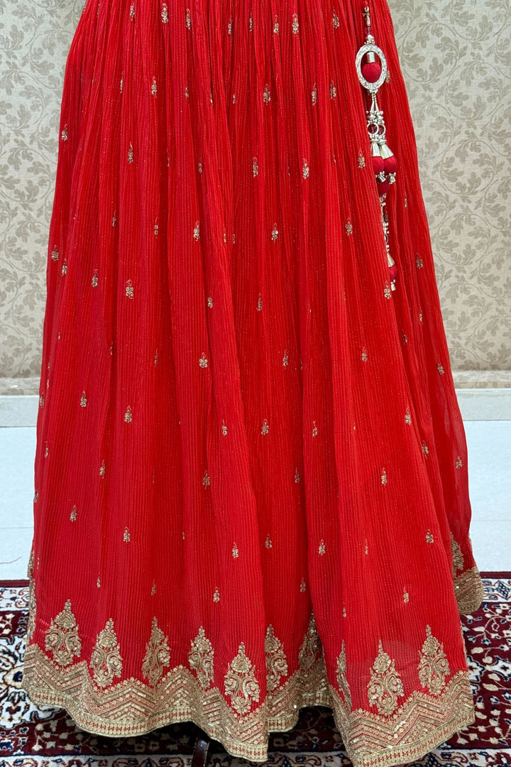 Red Mirror, Zardozi, Beads, Thread, Stone, Zari and Sequins work Crop Top Lehenga