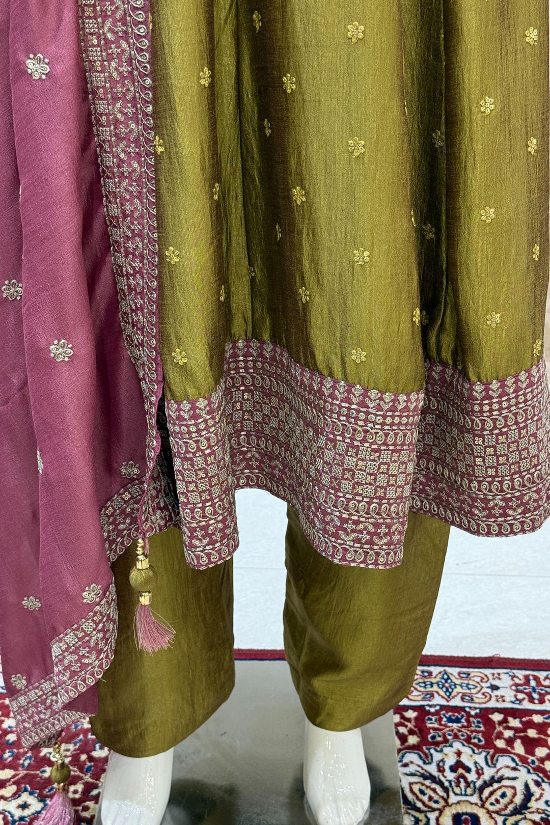 Olive Green Beads, Zardozi, Thread, Sequins, Stone and Zari work A-line Cut Salwar Suit