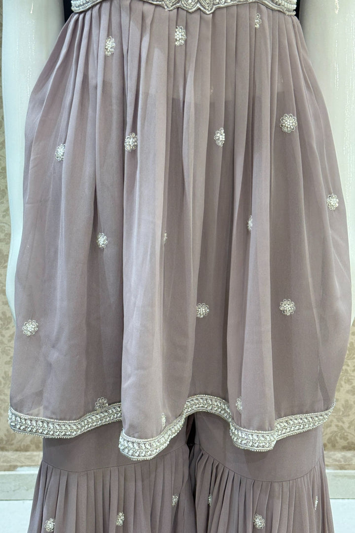 Lilac Beads, Sequins and Thread work Peplum Top with Sharara Suit Set