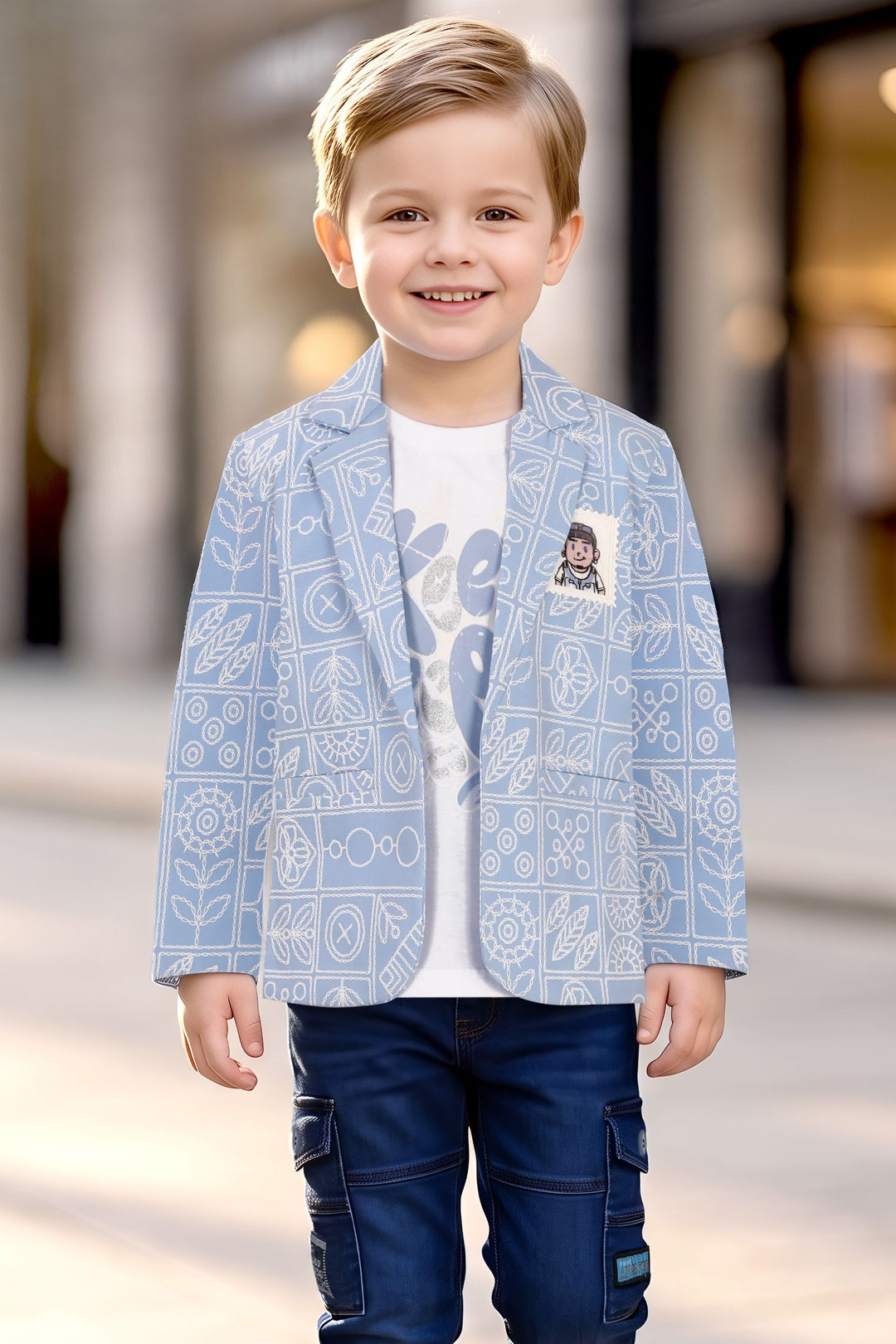 Sky Blue with Dark Blue Blazer, Printed T-Shirt and Pant Set for Boys