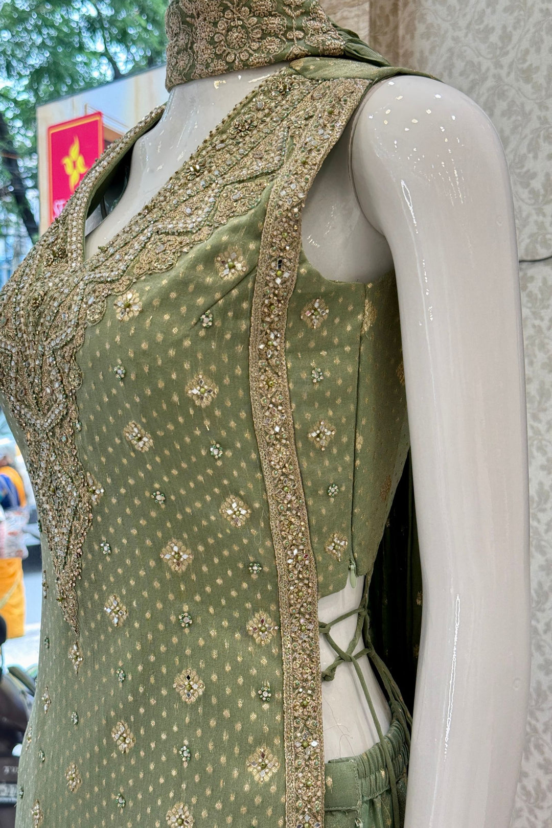 Pista Green Palazzo Salwar Suit with Banaras, Mirror, Zardozi, Zari and Embroidery Detailing